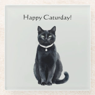 Happy Caturday Black Cat Glass Coaster