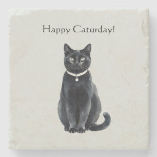 Happy Caturday Black Cat Stone Coaster
