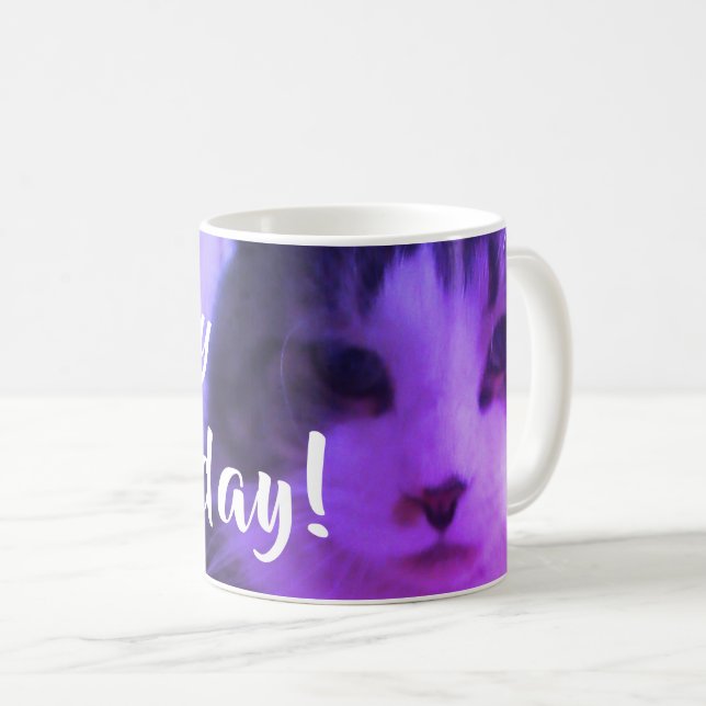 Happy Caturday Cute Purple Cat Coffee Mug (Front Right)
