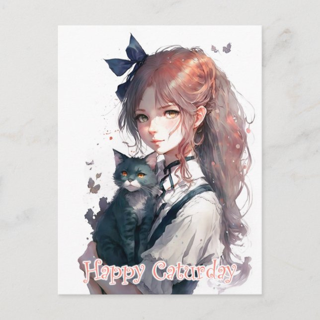 Happy Caturday Girl Holding Her Cat Watercolor Postcard (Front)