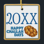 Happy Challah Days Hanukkah Jewish Holiday Bread Ceramic Ornament<br><div class="desc">Ornament features an original marker illustration of a loaf of braided challah bread, with HAPPY CHALLAH DAYS in a blue font. Great for Hanukkah gifting. This Jewish holidays design is also available on other products. Don't see what you're looking for? Need help with customization? Contact Rebecca to have something designed...</div>