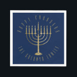 Happy Chanukah Blue Gold Menorah Holiday Napkin<br><div class="desc">These festive paper napkins are perfect for your holiday party. They feature a gold coloured menorah on a navy blue background. The message above it reads "Happy Chanukah". Below the menorah is a place for your family name which you may personalize or remove if you'd like. Designed by artist ©...</div>