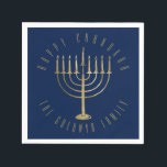 Happy Chanukah Blue Gold Menorah Holiday Napkin<br><div class="desc">These festive paper napkins are perfect for your holiday party. They feature a gold coloured menorah on a navy blue background. The message above it reads "Happy Chanukah". Below the menorah is a place for your family name which you may personalize or remove if you'd like. Designed by artist ©...</div>