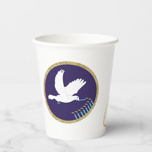 Happy Chanukah Dove Menorah Design 8 oz. Paper Cups (Front)