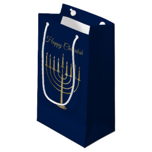Happy Chanukah Faux Gold Menorah Blue Holiday Small Gift Bag
