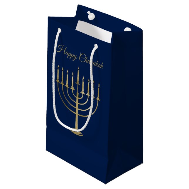 Happy Chanukah Faux Gold Menorah Blue Holiday Small Gift Bag (Front Angled)