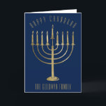 Happy Chanukah Gold Menorah Blue Holiday Card<br><div class="desc">Send your loved ones a personalized card this Chanukah season. This design features a gold coloured menorah on a navy blue background. Above it the message reads "Happy Chanukah". Below the menorah is a place for your family name which you may personalize or remove if you'd like. Inside of the...</div>