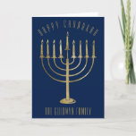 Happy Chanukah Gold Menorah Blue Holiday Card<br><div class="desc">Send your loved ones a personalized card this Chanukah season. This design features a gold coloured menorah on a navy blue background. Above it the message reads "Happy Chanukah". Below the menorah is a place for your family name which you may personalize or remove if you'd like. Inside of the...</div>