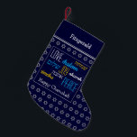 HAPPY CHANUKAH Hebrew Love Joy Peace DARK BLUE Small Christmas Stocking<br><div class="desc">Dark blue HAPPY CHANUKAH stocking with silver coloured Star of David pattern and LOVE JOY PEACE written in English and Hebrew. The placeholder greeting and name are customizable so you can add your name or change the greeting. Same design on the reverse. Ideal way to present your small Hanukkah gifts....</div>