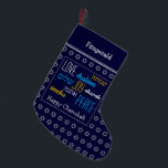 HAPPY CHANUKAH Hebrew Love Joy Peace DARK BLUE Small Christmas Stocking<br><div class="desc">Dark blue HAPPY CHANUKAH stocking with silver coloured Star of David pattern and LOVE JOY PEACE written in English and Hebrew. The placeholder greeting and name are customizable so you can add your name or change the greeting. Same design on the reverse. Ideal way to present your small Hanukkah gifts....</div>