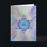 Happy Chanukah Holiday Greeting Card<br><div class="desc">A digital collage Star of David of pretty pastel stripes,  a Chai symbol at the centre,  on a pale starburst background.   Inside greeting,  "Happy Chanukah!" is a personalizable template.</div>