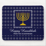 HAPPY CHANUKAH Love Joy Peace BLUE Hebrew Mouse Pad<br><div class="desc">Colourful festive MOUSEPAD with faux silver Star of David in subtle background pattern. A gold coloured menorah is inside a square box in the middle. There is customizable placeholder text which says HAPPY HANUKKAH in white typography. This text can be personalized so you can change the greeting (eg. Happy Chanukah)...</div>