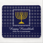 HAPPY CHANUKAH Love Joy Peace BLUE Hebrew Mouse Pad<br><div class="desc">Colourful festive MOUSEPAD with faux silver Star of David in subtle background pattern. A gold coloured menorah is inside a square box in the middle. There is customizable placeholder text which says HAPPY HANUKKAH in white typography. This text can be personalized so you can change the greeting (eg. Happy Chanukah)...</div>