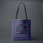 HAPPY CHANUKAH Love Joy Peace BLUE Hebrew Tote Bag<br><div class="desc">Colourful festive TOTE BAG with faux silver Star of David in subtle background pattern. LOVE JOY PEACE including Hebrew translations are colour-coded in red,  yellow and green. Text is customizable in case you wish to change anything. HAPPY CHANUKAH is also customizable. Part of the HANUKKAH Collection</div>