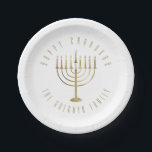 Happy Chanukah Menorah Holiday Paper Plate<br><div class="desc">These festive paper plates are perfect for your holiday party. They feature a gold coloured menorah. The message above it reads "Happy Hanukkah". Below the menorah is a place for your family name which you may personalize or remove if you'd like.</div>