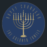 Happy Chanukah Navy Gold Menorah Holiday Classic Round Sticker<br><div class="desc">This sticker features a gold coloured menorah on a navy blue background. The message above it reads "Happy Chanukah". Below the menorah is a place for your family name which you may personalize or remove if you'd like.</div>