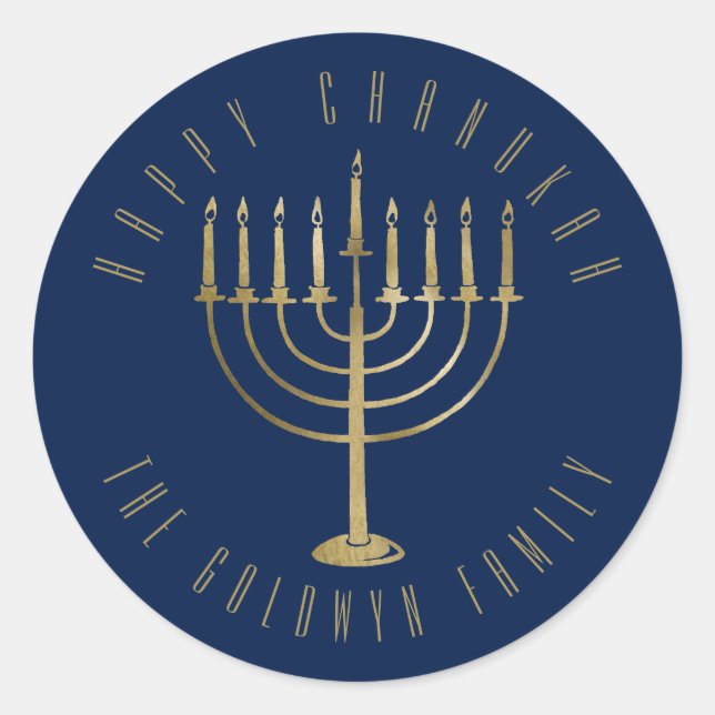 Happy Chanukah Navy Gold Menorah Holiday Classic Round Sticker (Front)