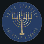 Happy Chanukah Navy Gold Menorah Holiday Classic Round Sticker<br><div class="desc">This sticker features a gold coloured menorah on a navy blue background. The message above it reads "Happy Chanukah". Below the menorah is a place for your family name which you may personalize or remove if you'd like.</div>
