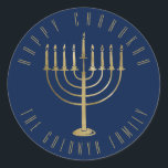 Happy Chanukah Navy Gold Menorah Holiday Classic Round Sticker<br><div class="desc">This sticker features a gold coloured menorah on a navy blue background. The message above it reads "Happy Chanukah". Below the menorah is a place for your family name which you may personalize or remove if you'd like.</div>