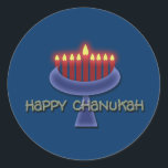 Happy Chanukah stickers<br><div class="desc">Commemorate Chanukah with this striking menorah graphic design set against a dark blue background to emphasise the lit candles. This product is customizable, allowing you to add wording, images and/or your logo to it. Feel free to also re-size, re-position or even replace the template image with one of your own....</div>