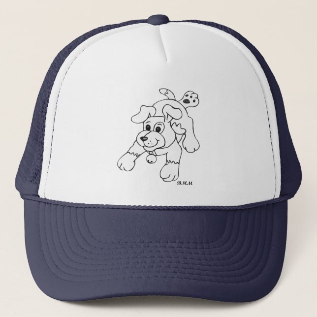 Happy Charcoal Pencil Dog Lineart Drawing Trucker Hat (Front)