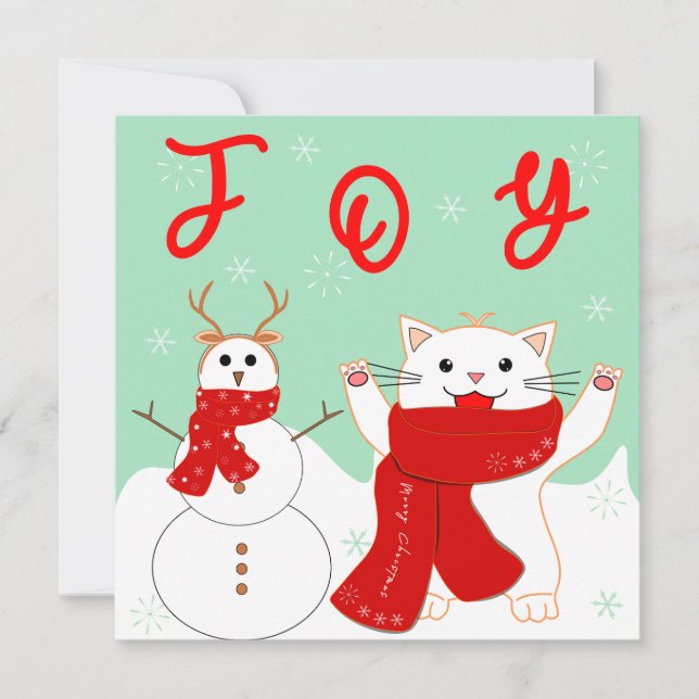 Happy Chat Avec Snowman | Carte à plat de Noël (Devant)