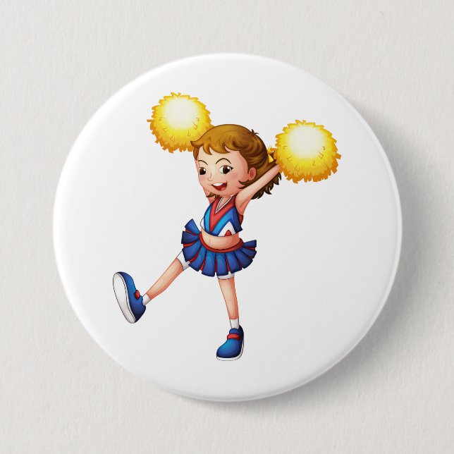 Happy Cheerleader Girl Gold Pom Poms 3 Inch Round Button (Front)
