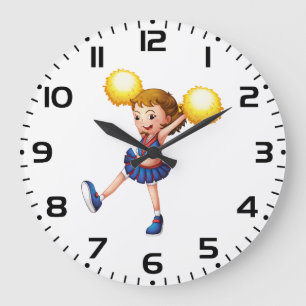 Happy Cheerleader Girl Gold Pom Poms Large Clock