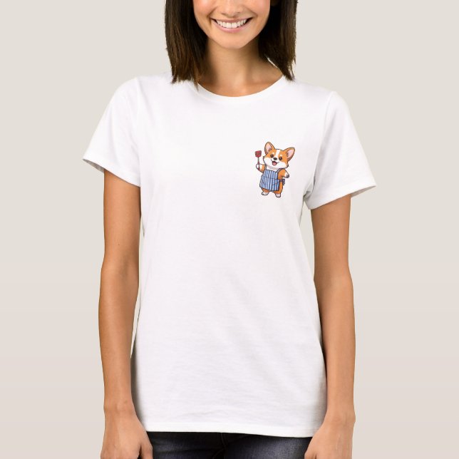 Happy Chef Corgi in Blue Striped Apron T-Shirt (Front)