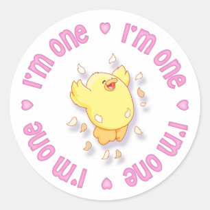 Happy Chick 1st Birthday Pink Classic Round Sticker