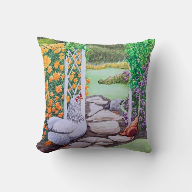 Happy Chicken Garden  Throw Pillow (Front)