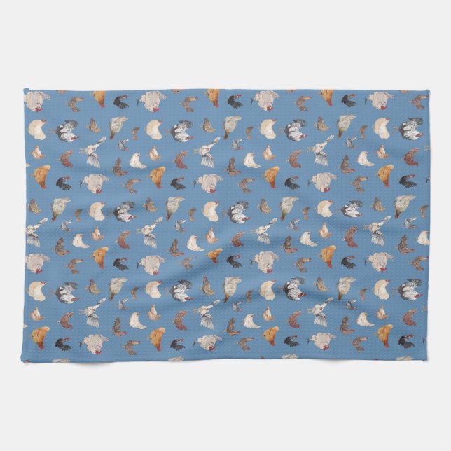 Happy Chicken Print on Denim Blue Kitchen Towel (Horizontal)