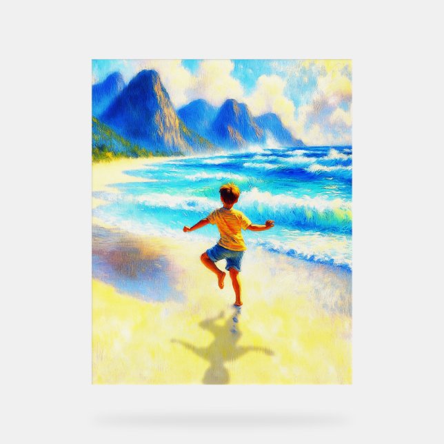happy child freedom dance at beach acrylic sign (Front)