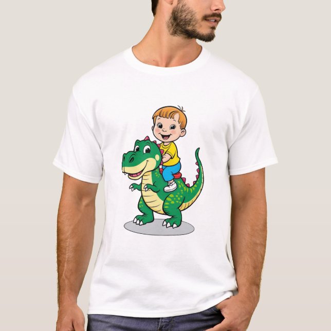 Happy Child Riding a Smiling Dinosaur T-Shirt (Front)