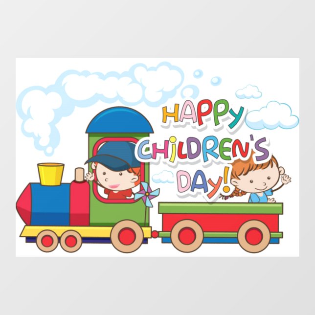 Happy Childrens Day Train and Coach Red Blue Yello Window Cling (Sheet)