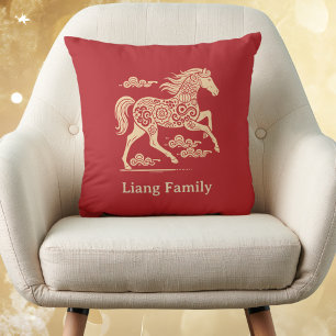 Happy Chinese New Year of Horse Elegant Gold Red  Throw Pillow