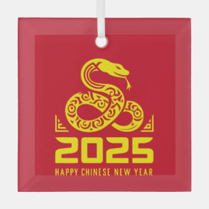 Happy Chinese New Year of the Snake 2025 Red Gold Glass Ornament