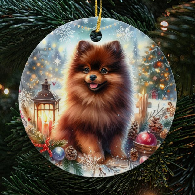 Happy Chocolate Brown Pomeranian Christmas Ceramic Ornament (Creator Uploaded)