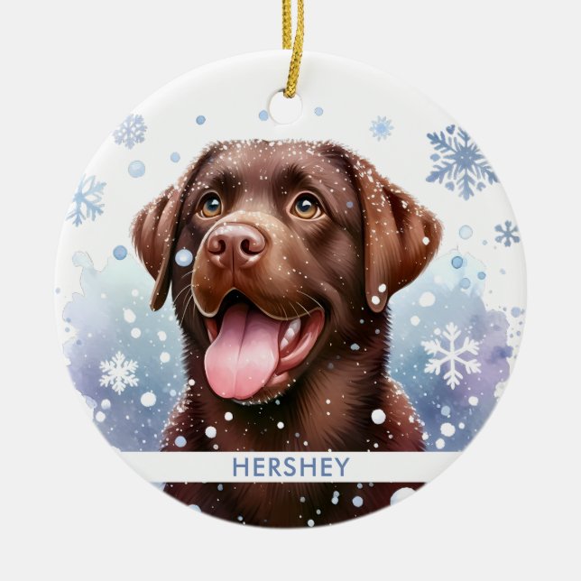 Happy Chocolate Labrador Retriever Dog Christmas Ceramic Ornament (Front)