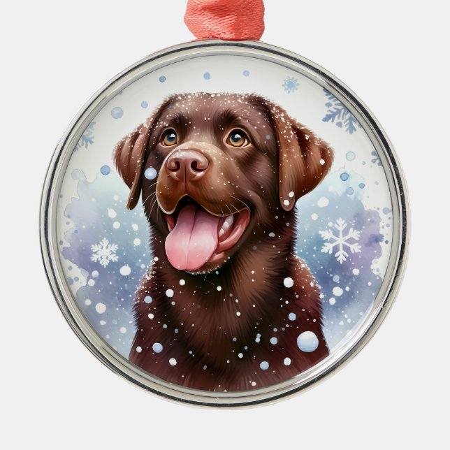 Happy Chocolate Labrador Retriever Dog Christmas Metal Ornament (Front)