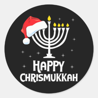 Happy Chrismukkah Santa Hat Menorah Christmas Classic Round Sticker