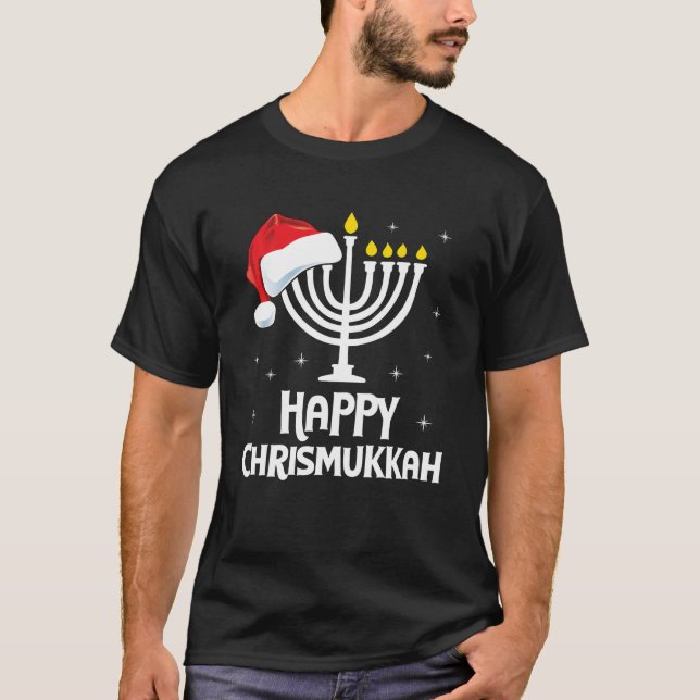 Happy Chrismukkah Santa Hat Menorah Christmas T-Shirt (Front)