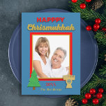 Happy Chrismukkah Tree and Menorah Photo Flat Card<br><div class="desc">This Chrismukkah flat greeting card has a bit of a nostalgic feel to it. Your photo is the centre of attention in a gold and red frame. The words, "Happy Chrismukkah" appear along the top with a tree and menorah along the bottom. The design can be personalized with the year...</div>