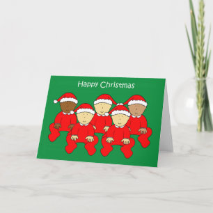 Happy Christmas Babies in Santa Outfits. Holiday Card