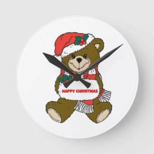 Happy Christmas Bear Round Clock