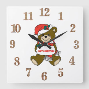 Happy Christmas Bear Square Wall Clock