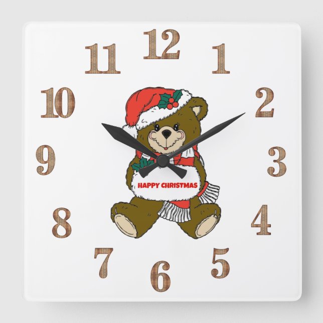 Happy Christmas Bear Square Wall Clock (Front)