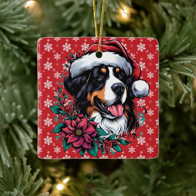 Happy Christmas Bernese Mountain Dog Santa Hat Ceramic Ornament (Tree)