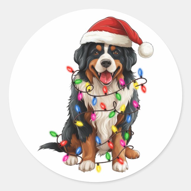 Happy Christmas Bernese Mountain Dog Santa Hat Classic Round Sticker (Front)