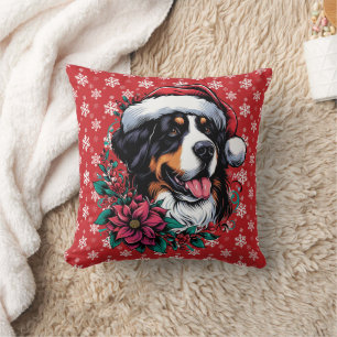 Happy Christmas Bernese Mountain Dog Santa Hat Throw Pillow